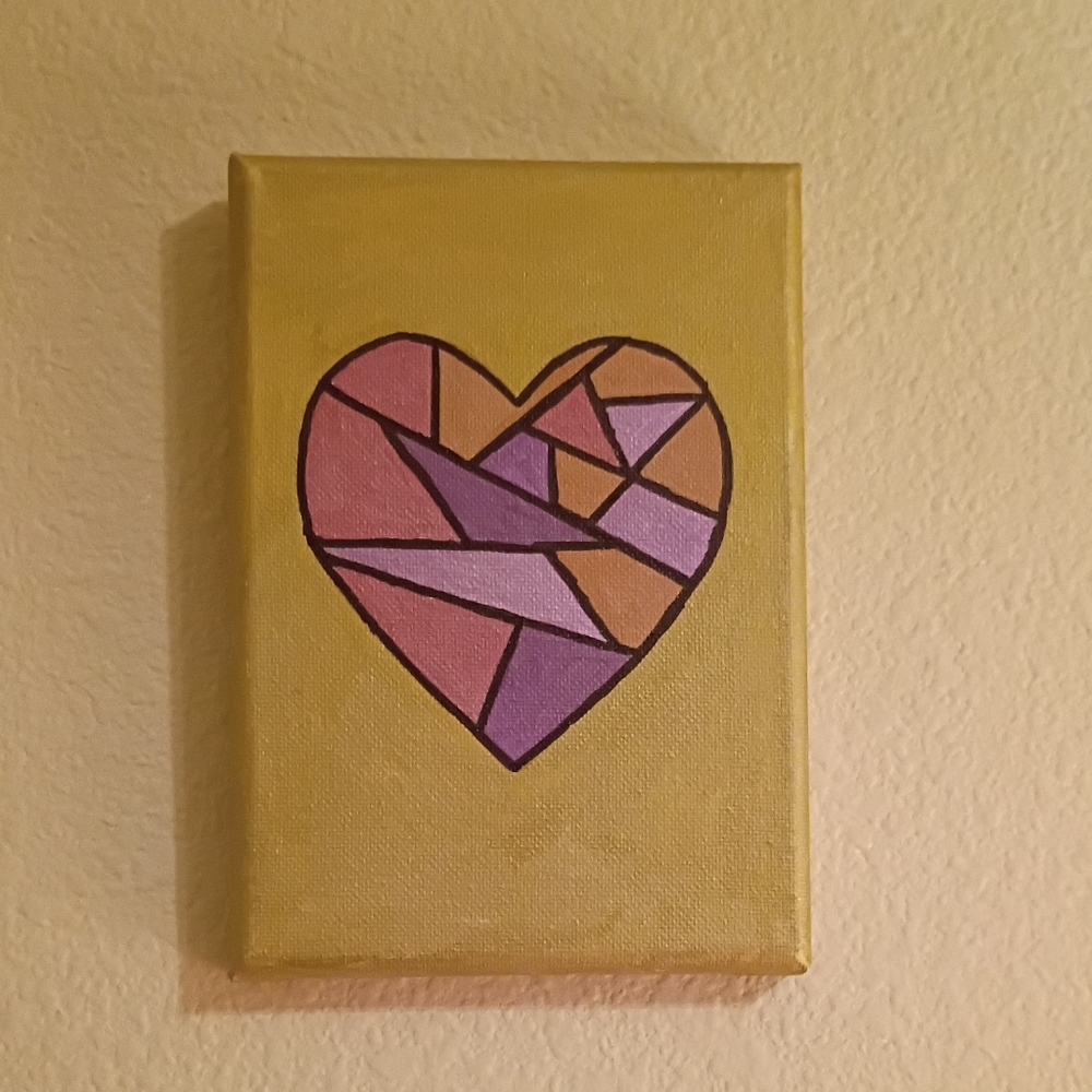 Handmade Geometric Heart Canvas Painting Gold Purple Abstract Wall Art 5x7